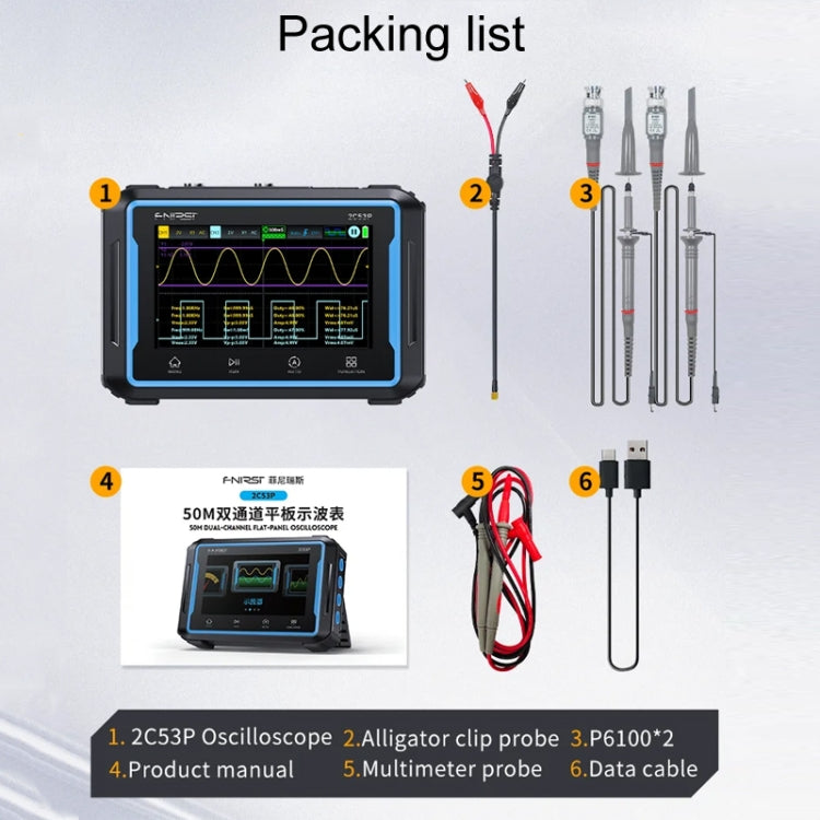 Oscilloscope numérique à panneau plat double canal FNIRSI 2C53P, multimètre, générateur de signaux 3 en 1, 2C53P