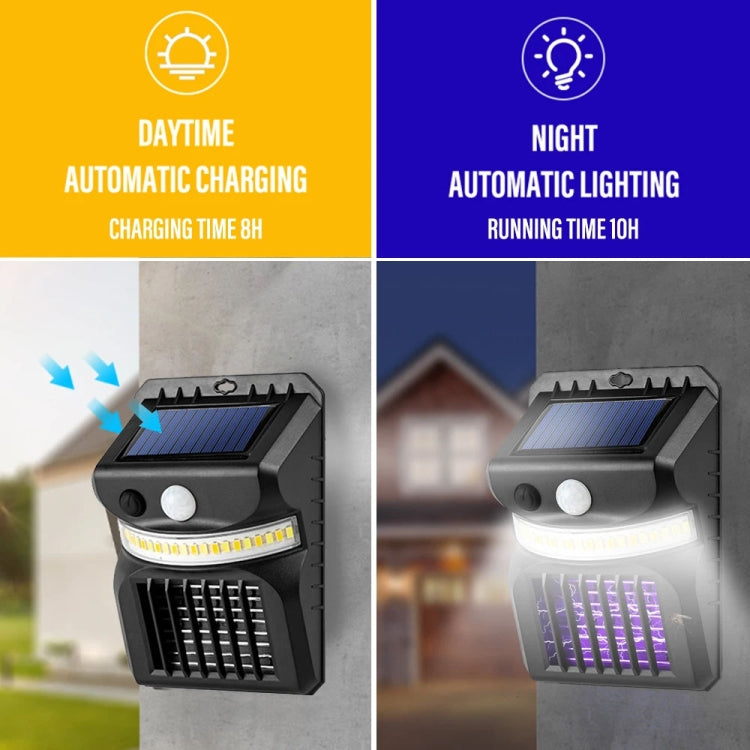 E-SMARTER W792 Applique murale solaire LED avec fonction de contrôle des moustiques à lumière violette, capteur intelligent humain, lampe de jardin extérieure, lumière blanche, lumière blanche + lumière jaune