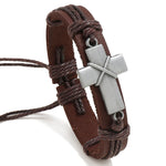 Bracelet en cuir tressé vintage personnalisé, croix simple, réglable par coulissement