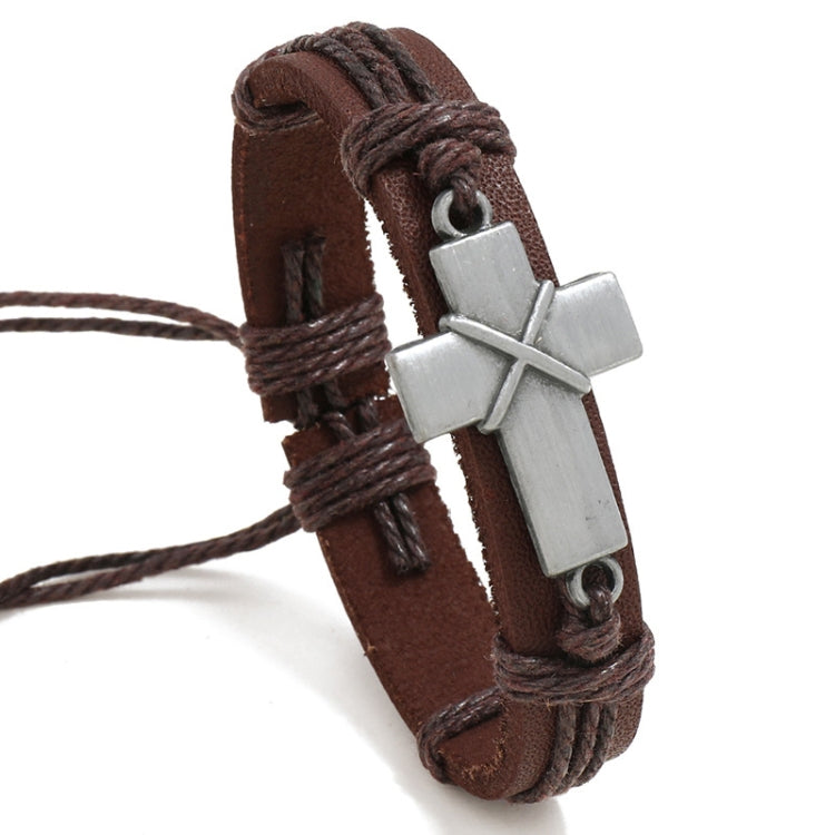Bracelet en cuir tressé vintage personnalisé, croix simple, réglable par coulissement