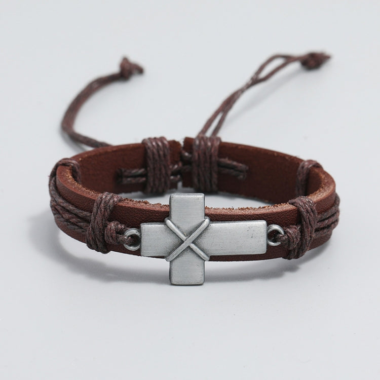 Bracelet en cuir tressé vintage personnalisé, croix simple, réglable par coulissement