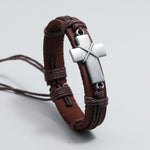 Bracelet en cuir tressé vintage personnalisé, croix simple, réglable par coulissement