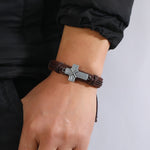 Bracelet en cuir tressé vintage personnalisé, croix simple, réglable par coulissement