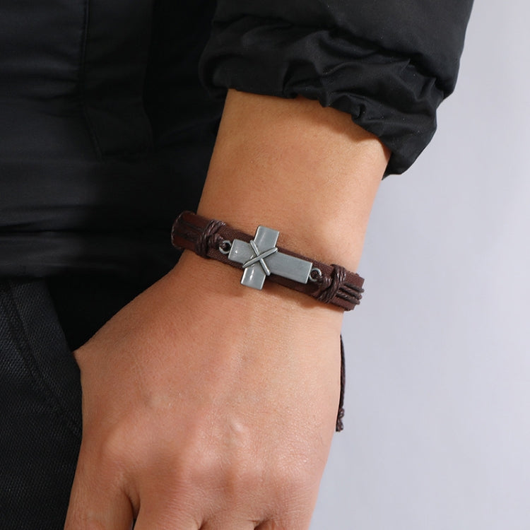 Bracelet en cuir tressé vintage personnalisé, croix simple, réglable par coulissement