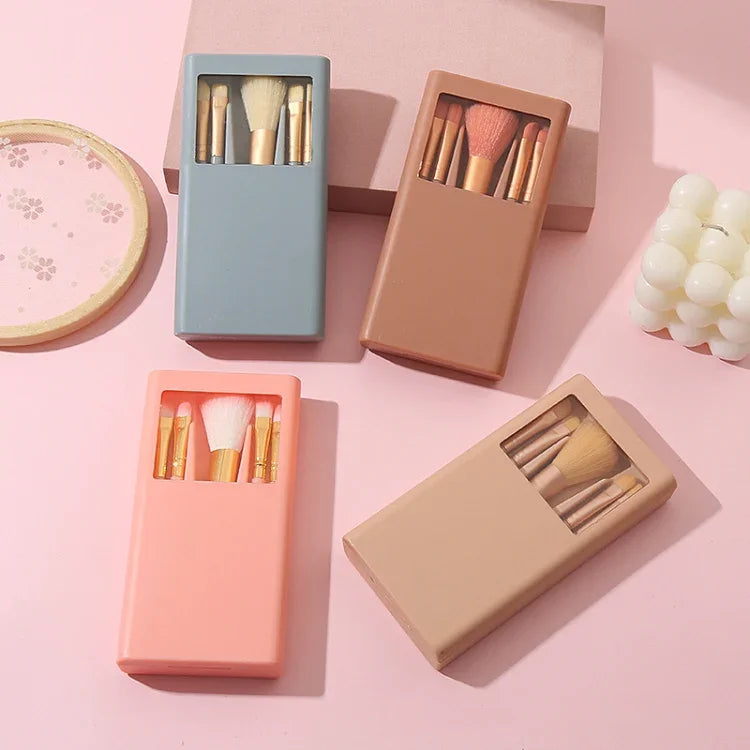 5 en 1 Étui de Miroir à Fenêtre Portable Mini Multifonctionnel Trousse de Pinceaux de Maquillage Outil Cosmétique, Couleur Pâte de Haricot, Rose, Bleu