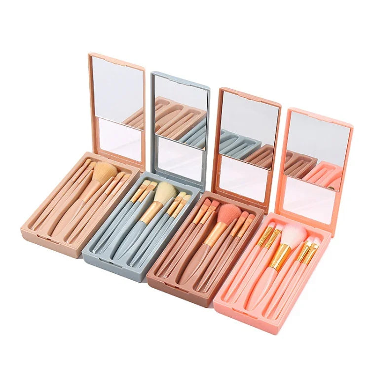5 en 1 Étui de Miroir à Fenêtre Portable Mini Multifonctionnel Trousse de Pinceaux de Maquillage Outil Cosmétique, Couleur Pâte de Haricot, Rose, Bleu