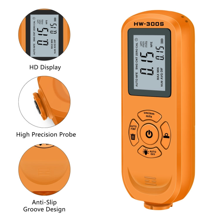 Jauge d'épaisseur de revêtement haute précision HW-300S, jauge de film de peinture antidérapante, écran horizontal orange, écran vertical orange, écran horizontal noir, écran vertical noir
