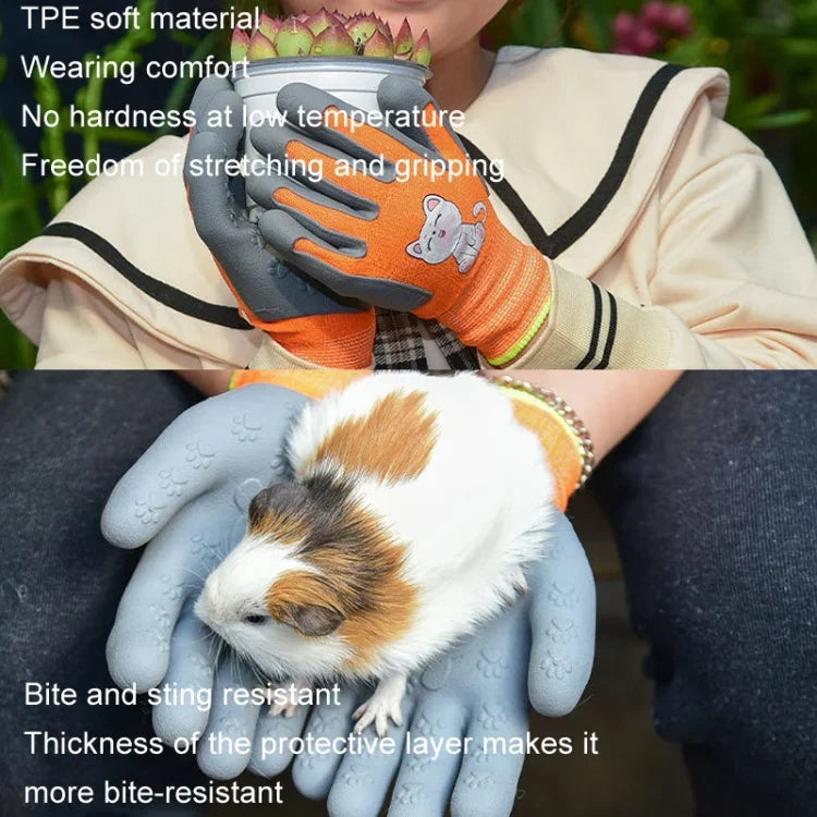 1 paire de gants en TPE motif dessin animé pour enfants, anti-rayures et anti-morsures pour hamster et perroquet, gants de jardinage de protection antidérapants et résistants à l'usure, S orange, S bleu, S jaune, M orange, M bleu, M jaune, L orange