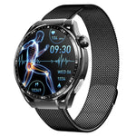 Montre connectée de santé F200, électrocardiogramme ECG, surveillance de la glycémie, écran rond de 1,55 pouce, silicone noir, cuir noir, cuir noir marron, milanais noir, acier noir à 3 billes, bambou noir, silicone noir gris