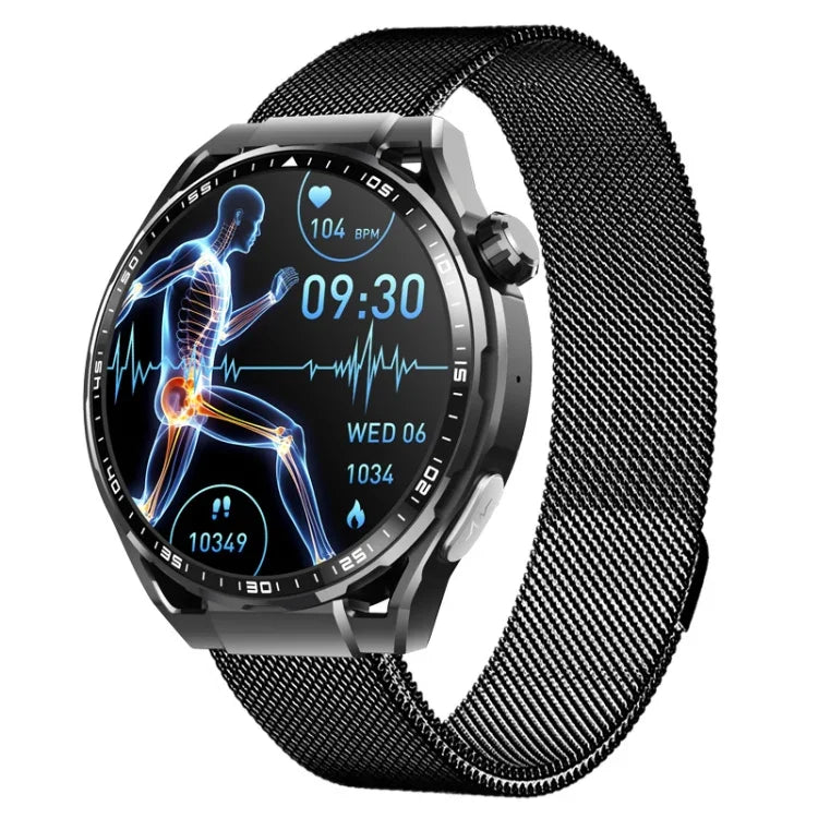 Montre connectée de santé F200, électrocardiogramme ECG, surveillance de la glycémie, écran rond de 1,55 pouce, silicone noir, cuir noir, cuir noir marron, milanais noir, acier noir à 3 billes, bambou noir, silicone noir gris