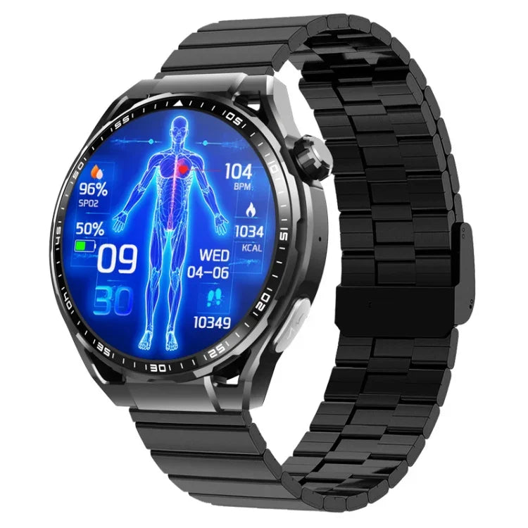 Montre connectée de santé F200, électrocardiogramme ECG, surveillance de la glycémie, écran rond de 1,55 pouce, silicone noir, cuir noir, cuir noir marron, milanais noir, acier noir à 3 billes, bambou noir, silicone noir gris