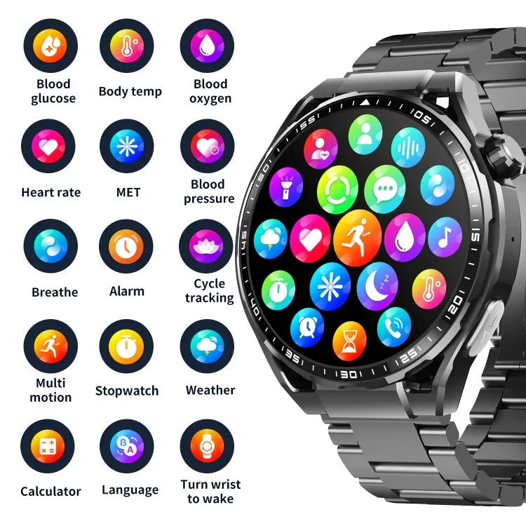 Montre connectée de santé F200, électrocardiogramme ECG, surveillance de la glycémie, écran rond de 1,55 pouce, silicone noir, cuir noir, cuir noir marron, milanais noir, acier noir à 3 billes, bambou noir, silicone noir gris