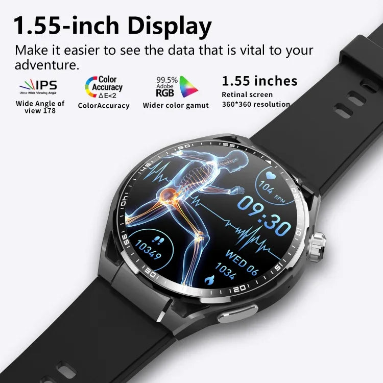 Montre connectée de santé F200, électrocardiogramme ECG, surveillance de la glycémie, écran rond de 1,55 pouce, silicone noir, cuir noir, cuir noir marron, milanais noir, acier noir à 3 billes, bambou noir, silicone noir gris