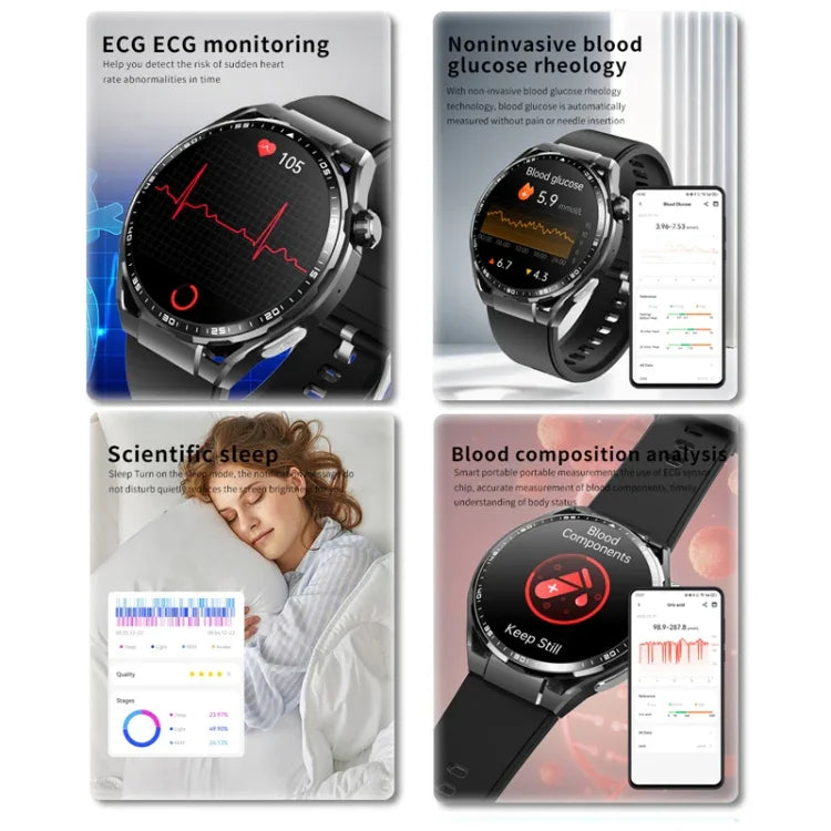 Montre connectée de santé F200, électrocardiogramme ECG, surveillance de la glycémie, écran rond de 1,55 pouce, silicone noir, cuir noir, cuir noir marron, milanais noir, acier noir à 3 billes, bambou noir, silicone noir gris