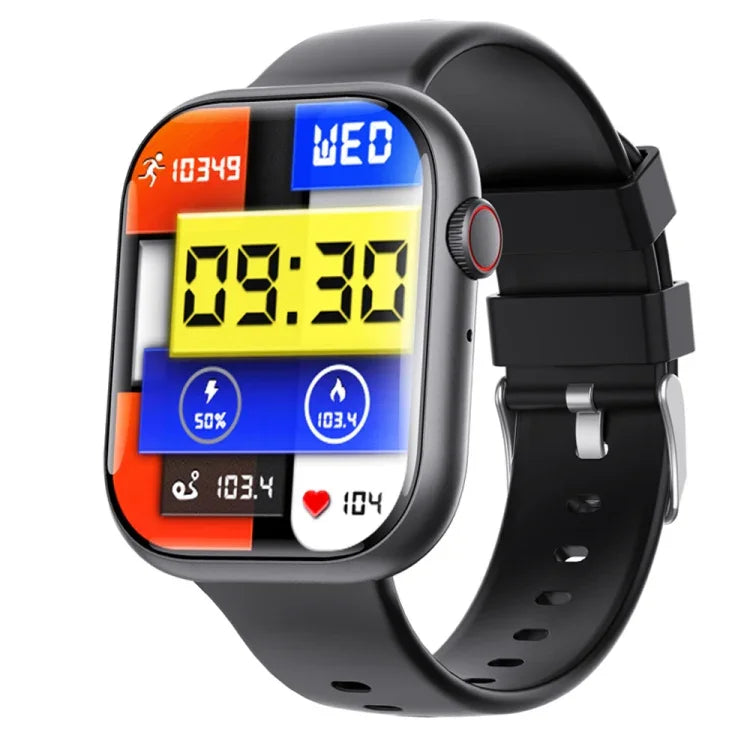 F70 smart watch with blood sugar monitoring displaying time and health stats on a colorful screen with a black silicone strap.