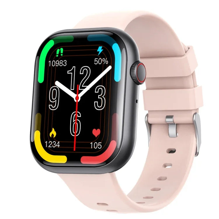 F70 smart watch with blood sugar monitoring, 2.1 inch screen, pink silicone strap, displaying health metrics and time.