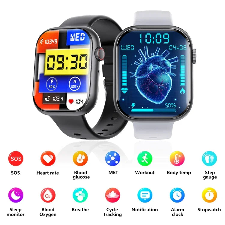 Montre connectée F70 avec écran de 2,1 pouces, surveillance de la glycémie et de l'oxygène sanguin, alarme SOS et plus de 100 modes sportifs.