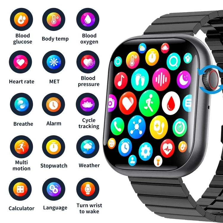 Montre connectée F70 avec écran de 2,1 pouces, surveillance de la glycémie et de l'oxygène sanguin, alarme SOS et plus de 100 modes sportifs.