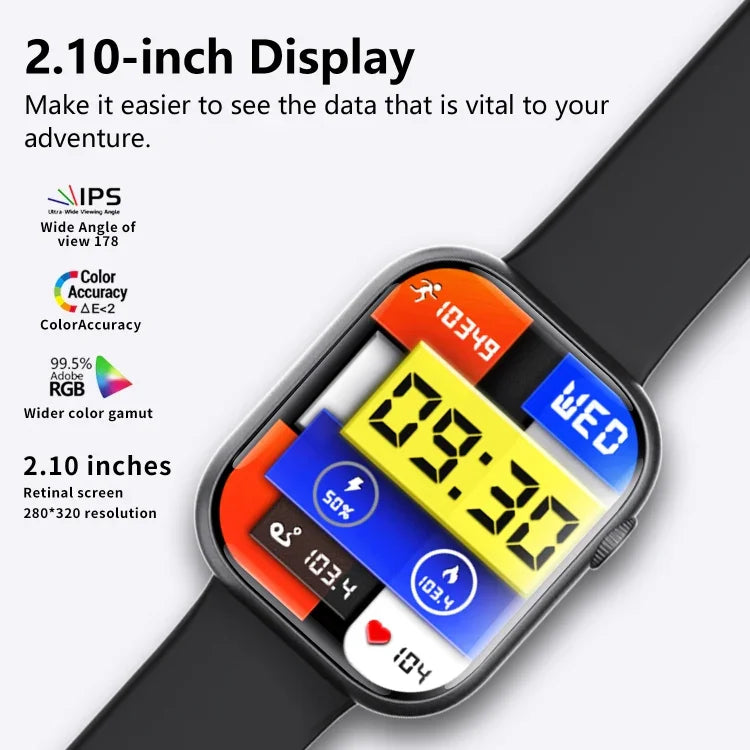 Montre connectée F70 avec écran de 2,1 pouces, surveillance de la glycémie et de l'oxygène sanguin, alarme SOS et plus de 100 modes sportifs.