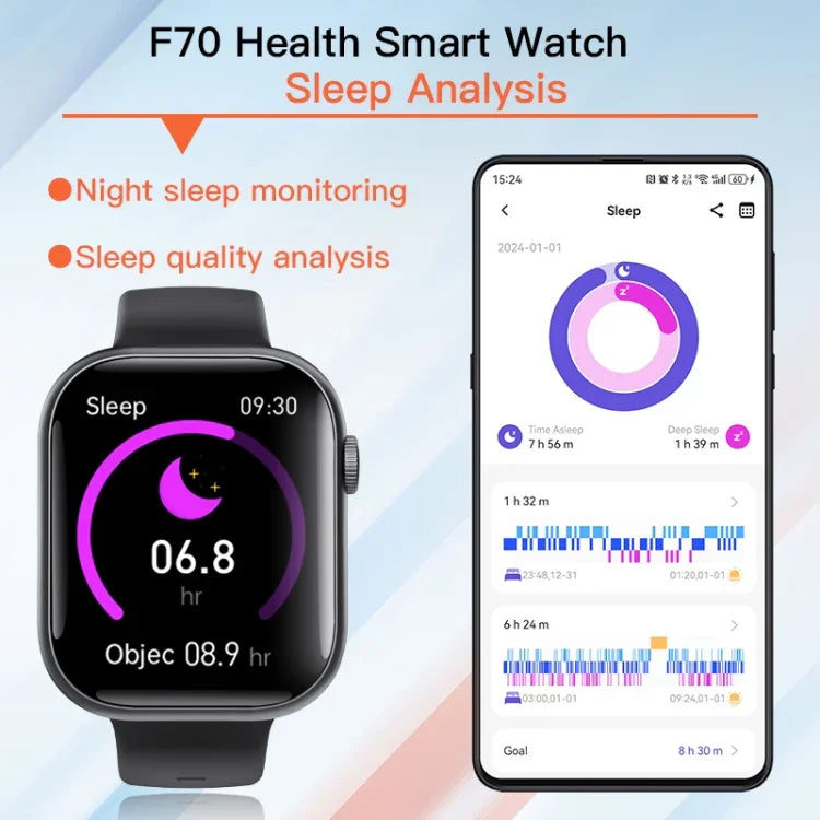 Montre connectée F70 avec écran de 2,1 pouces, surveillance de la glycémie et de l'oxygène sanguin, alarme SOS et plus de 100 modes sportifs.