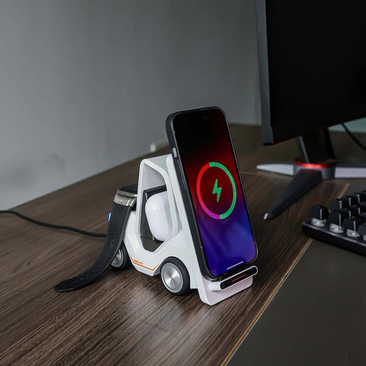 Chargeur sans fil de bureau 3-en-1 15W T20S en forme de petit chariot élévateur avec lumière d'ambiance LED