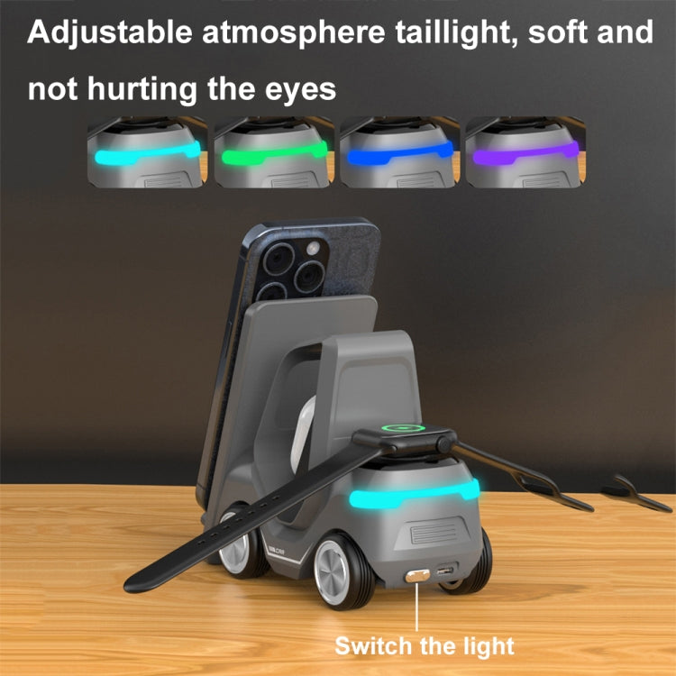Chargeur sans fil de bureau 3-en-1 15W T20S en forme de petit chariot élévateur avec lumière d'ambiance LED
