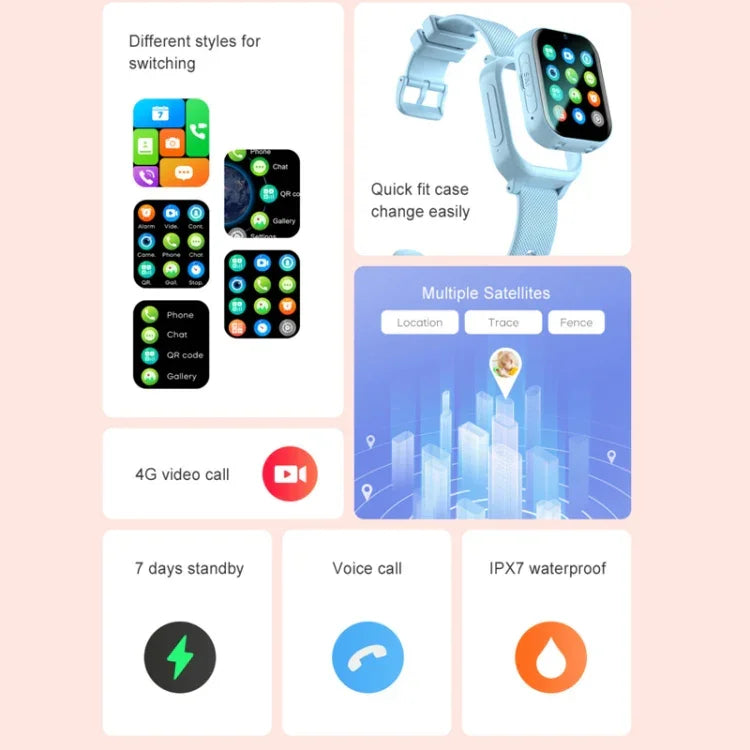 Montre connectée 4G pour enfants K26H avec écran tactile de 1,83 pouce, caméra frontale, fonction SOS et géolocalisation GPS.