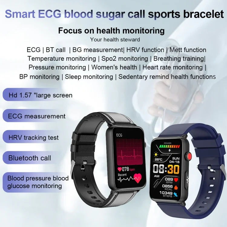 Montre connectée, Bague, ECG, Température, Fréquence cardiaque, Pression artérielle, Santé, Appel Bluetooth, Silicone noir, Silicone rouge, Silicone bleu, Cuir noir, Cuir marron