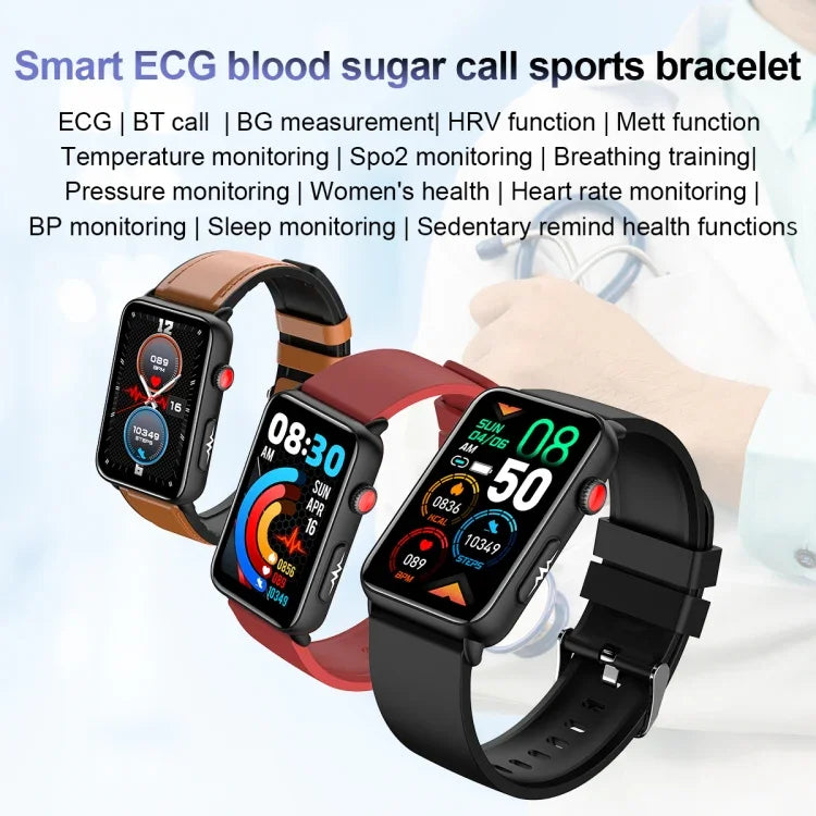 Montre connectée, Bague, ECG, Température, Fréquence cardiaque, Pression artérielle, Santé, Appel Bluetooth, Silicone noir, Silicone rouge, Silicone bleu, Cuir noir, Cuir marron