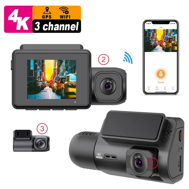 Enregistreur voiture 3 canaux M700A 4K UHD Avant+1080P Intérieur+2K Arrière+GPS+WIFI Caméra de tableau de bord, M700A