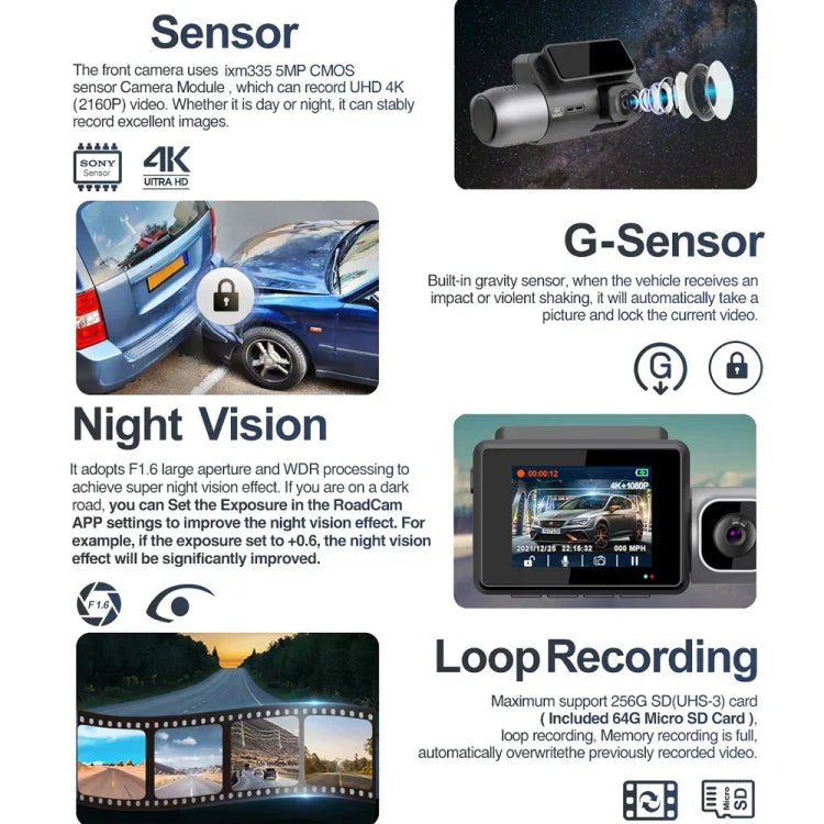Enregistreur voiture 3 canaux M700A 4K UHD Avant+1080P Intérieur+2K Arrière+GPS+WIFI Caméra de tableau de bord, M700A