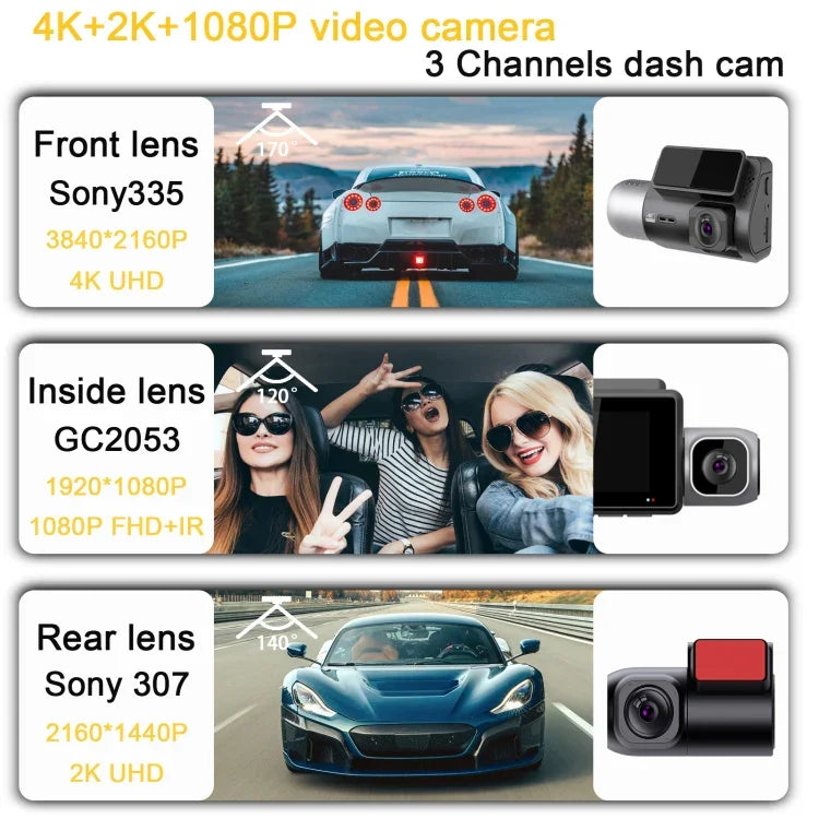 Enregistreur voiture 3 canaux M700A 4K UHD Avant+1080P Intérieur+2K Arrière+GPS+WIFI Caméra de tableau de bord, M700A