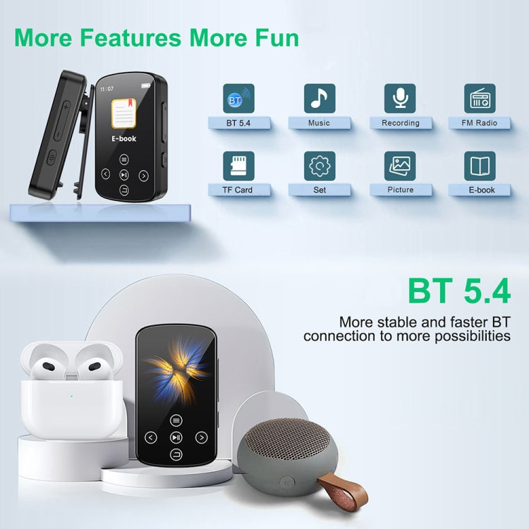 Lecteur MP3 Bluetooth musique HIFI sport clip écran tactile MP4, sans carte TF, 8GB, 16GB, 32GB, 64GB, 128GB