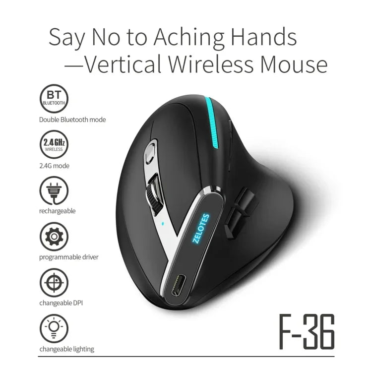 ZELOTES F36 Souris Sans Fil Ergonomique à Prise Verticale Programmable 9 Boutons Double Bluetooth + 2.4G, F36 (Blanc), F36 (Noir)