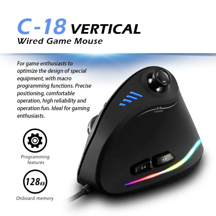 ZELOTES C18 Souris de Jeu Filaire Programmable Joystick Ergonomique à Prise Verticale 11 Boutons RGB, C18