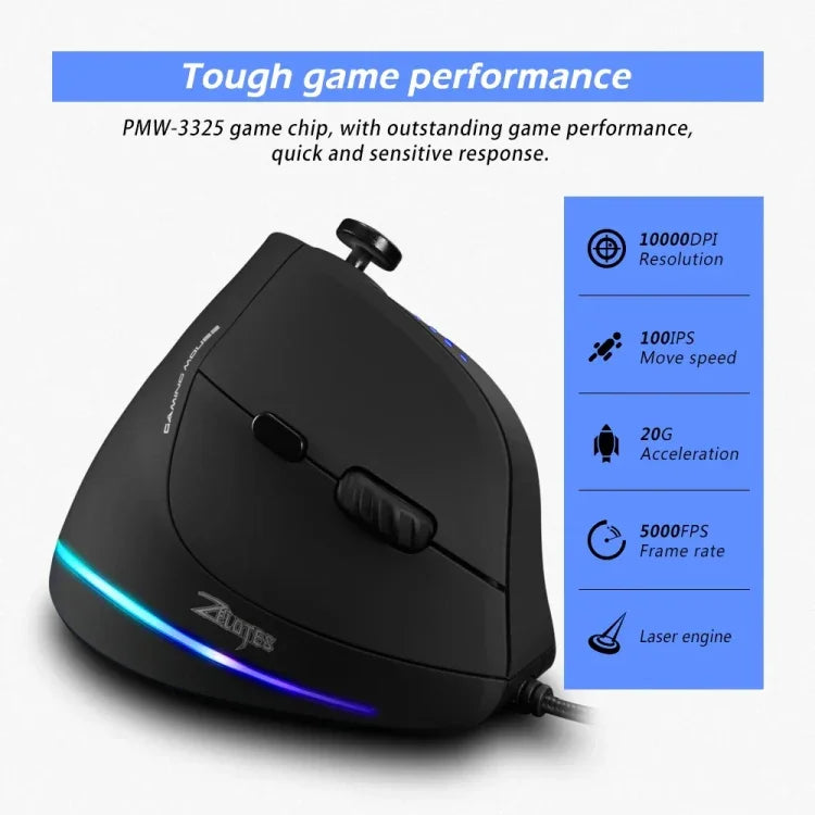 ZELOTES C18 Souris de Jeu Filaire Programmable Joystick Ergonomique à Prise Verticale 11 Boutons RGB, C18