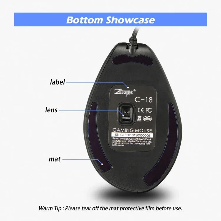 ZELOTES C18 Souris de Jeu Filaire Programmable Joystick Ergonomique à Prise Verticale 11 Boutons RGB, C18