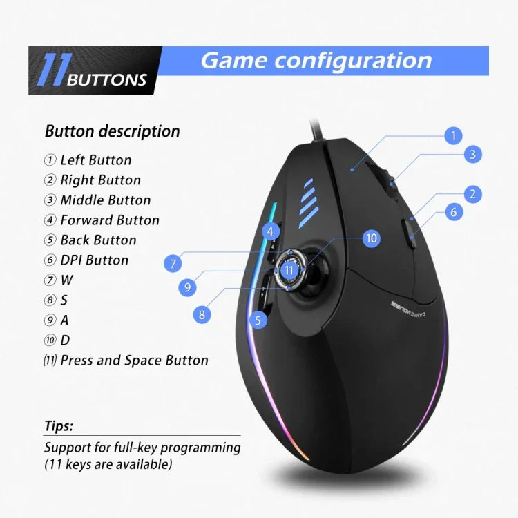 ZELOTES C18 Souris de Jeu Filaire Programmable Joystick Ergonomique à Prise Verticale 11 Boutons RGB, C18