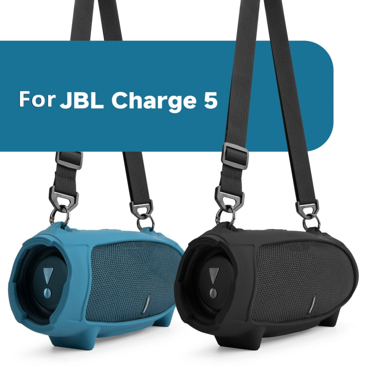 Pour étui en silicone pour enceinte JBL Charge 5 avec sac de transport à bandoulière, étui en silicone noir, étui en silicone bleu