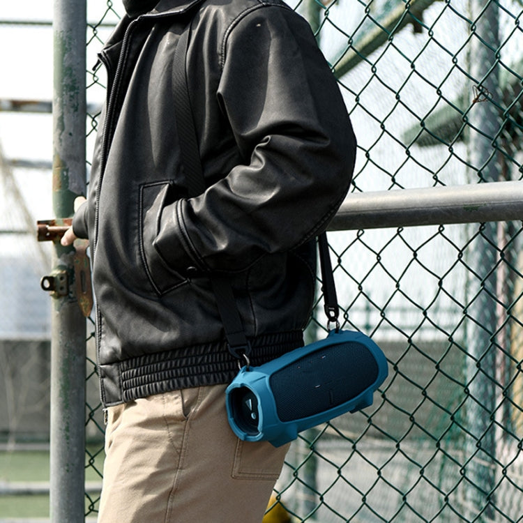 Pour étui en silicone pour enceinte JBL Charge 5 avec sac de transport à bandoulière, étui en silicone noir, étui en silicone bleu