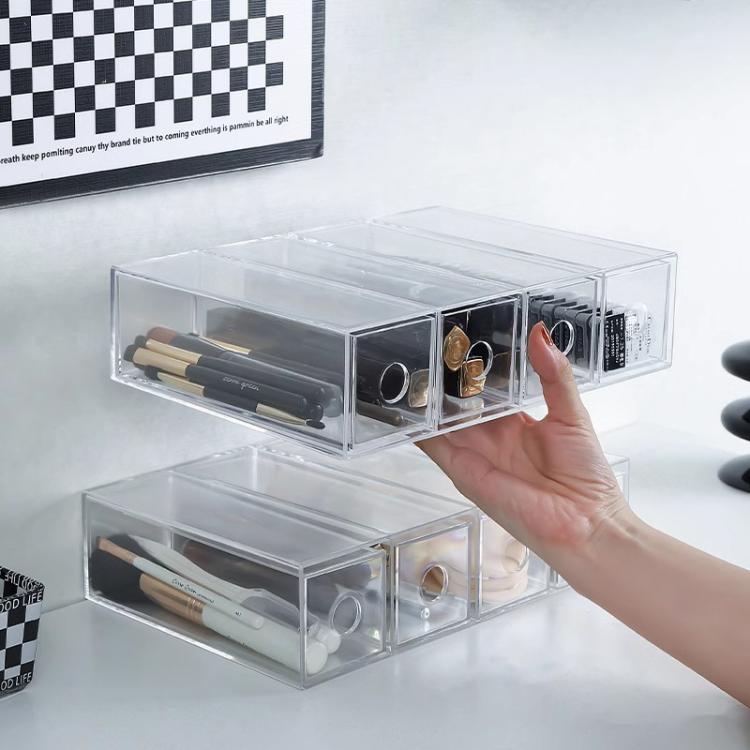 Organisateur de bureau en acrylique avec 4 tiroirs, vitrine à lunettes empilable, boîte de rangement pour pinceaux de maquillage et papeterie, 27x17,5x7,3cm