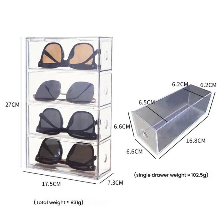 Organisateur de bureau en acrylique avec 4 tiroirs, vitrine à lunettes empilable, boîte de rangement pour pinceaux de maquillage et papeterie, 27x17,5x7,3cm