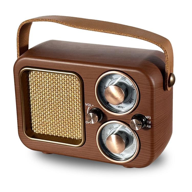 Radio multifonctionnelle rétro, enceinte Bluetooth, décoration audio portative, motif vagues, rayures horizontales, surface tissée, grille verticale