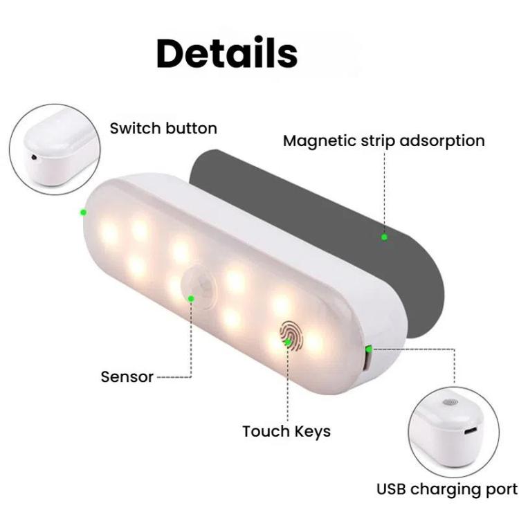 Lampe d'armoire LED magnétique avec détecteur de mouvement, rechargeable, 20 LED, 3 températures de couleur, A68-3A-11cm