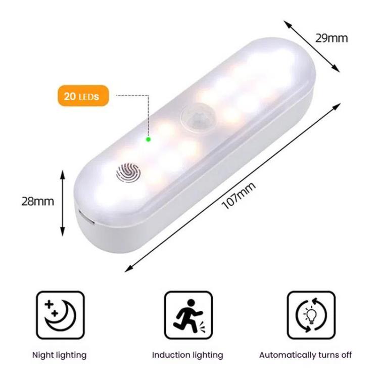 Lampe d'armoire LED magnétique avec détecteur de mouvement, rechargeable, 20 LED, 3 températures de couleur, A68-3A-11cm