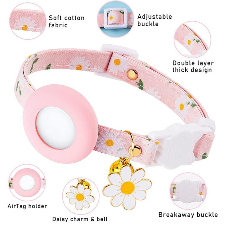 Pour housse de protection en silicone AirTag 2e génération / AirTag 1re génération, avec petite marguerite, collier pour animaux de compagnie, collier de chien avec clochette et film de protection avant et arrière