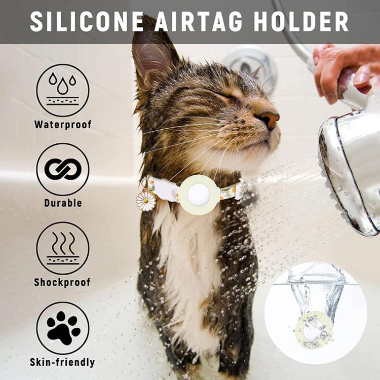 Pour housse de protection en silicone AirTag 2e génération / AirTag 1re génération, avec petite marguerite, collier pour animaux de compagnie, collier de chien avec clochette et film de protection avant et arrière