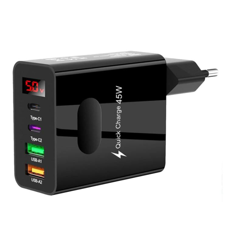 Chargeur multi-port pour téléphone portable 2 USB + 2 Type-C avec affichage numérique, prise EU noir, prise US noir, prise UK noir, prise EU blanc, prise US blanc, prise UK blanc