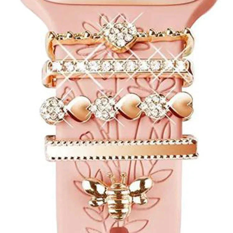 Lot de 5 bracelets en silicone pour montre connectée (largeur 20 mm), avec anneaux décoratifs en métal : or 1, argent 2, or rose 3, or rose 4, argent 5, or rose 6, or 7, or rose 8, or 9