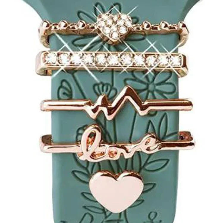 Lot de 5 bracelets en silicone pour montre connectée (largeur 20 mm), avec anneaux décoratifs en métal : or 1, argent 2, or rose 3, or rose 4, argent 5, or rose 6, or 7, or rose 8, or 9